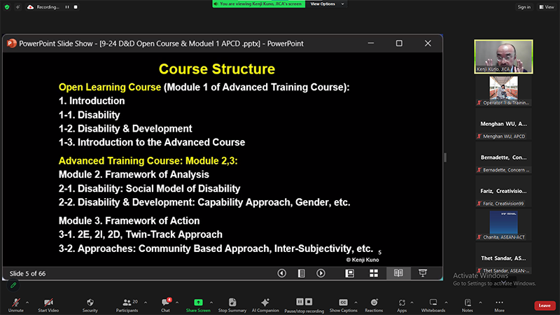 Dr. Kenji Kuno JICA Advisor on Disability & Development shared overall of Disability & Development (D&D) Online Open Learning Course.