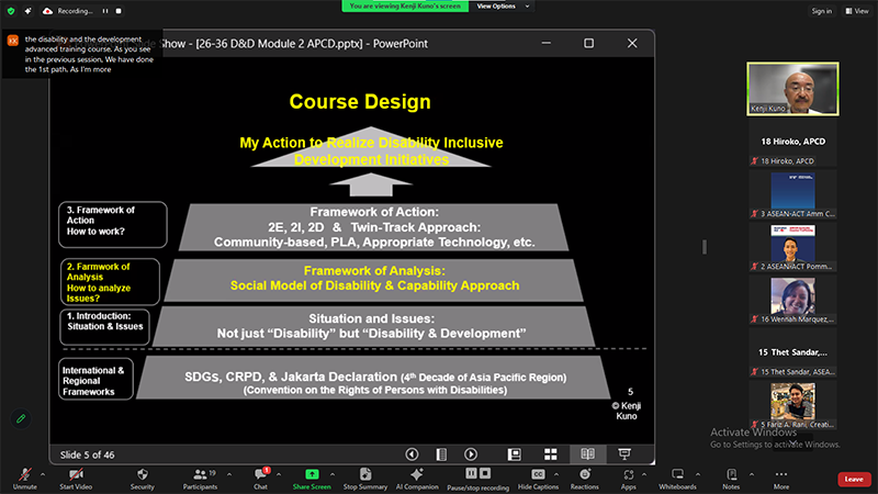 Dr. Kenji Kuno JICA Advisor on Disability & Development mentioned the course design “framework of analysis”