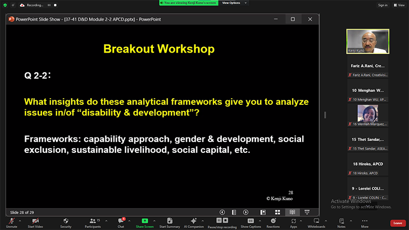 Dr. Kenji asked the question to participants to think and analyze issues of Disability & Development.