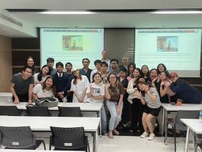 Group photo of the Guest Lecture, Teacher Kevin Cook and the TU students. Mr. Somchai Rungsilp, Community Development Manager at APCD, highlighted the significance and program management of the Civil Society Organizations at Thammasat University.
